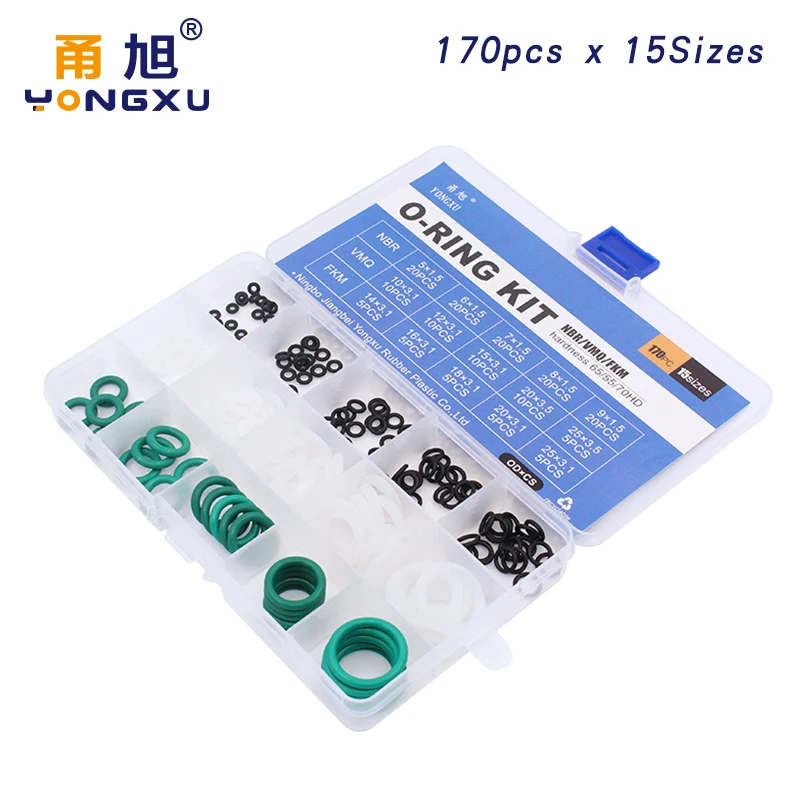

170pcs Mixed White Silicon Green FKM NBR O-Rings Rubber 15Sizes O ring Silicone Seal Gasket Ring Assortment Set Kit Box