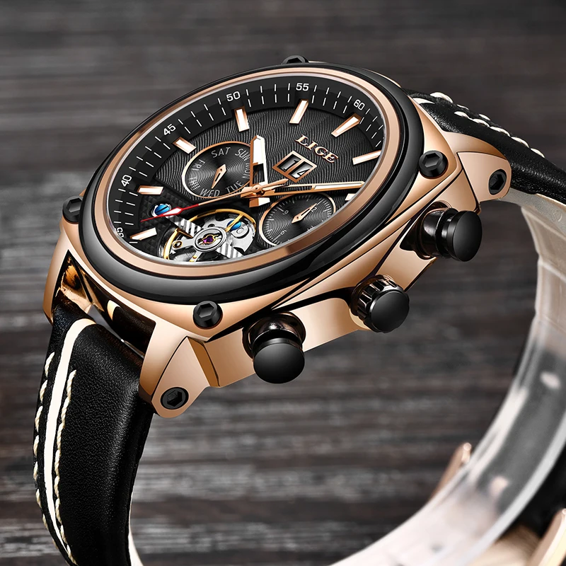 Новый 2018 LIGE роскошный скелет Tourbillon спортивные часы для мужчин автоматические