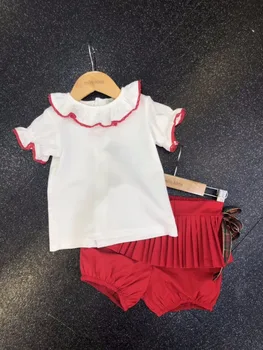 

80/12M Summer 2PCS set Kids Baby Girls Toddler Ruffles Collar T-shirt and Red Skirt Dress Set Outfits Clothes