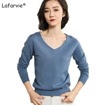 

Lafarvie V-neck Knitted Sweater Women Tops Autumn Winter Casual Pullover Female Long Sleeve Solid Color Soft High Quality Jumper
