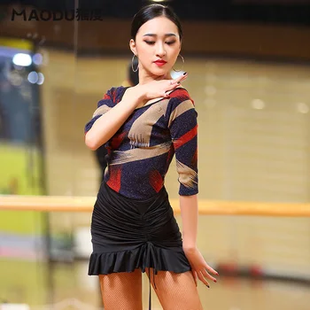 

Colorful Print Ruffle Half Sleeve Ballroom Sexy Latin Dance 2pcs set for Women/female dancers Costume performance wears MD8602