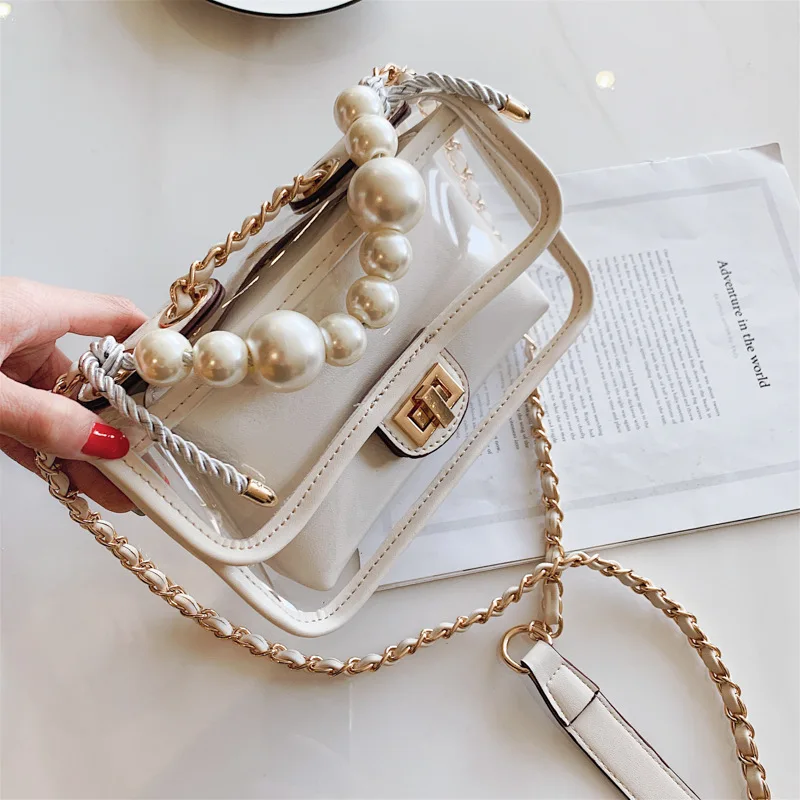 

Pearl Beading PVC Transparent Women Handbags Chains Small Flap Shoulder Bags Clear Crossbody Bag Fashion Lady Summer Purse 2019