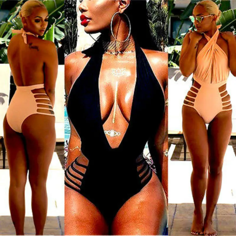 

2017 Sexy Women One Piece Bandage Halter Backless Swimwear High Cut Monokini Swimsuit Beachwear Bikini Bathing Suit NEW