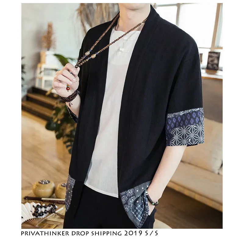 

Dropshipping Men Cotton Color Block Kimono Shirts 2019 Summer Mens Fashions Casual Shirts Male Designer Open Stitch Plus Size
