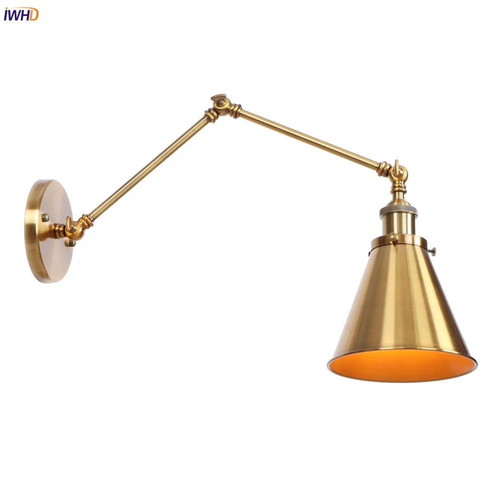  IWHD Antique Vintage Gold LED Wall Lamp Beside Hallway Stair Loft Industrial Decor Swing Long Arm W - 32915412235