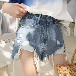 Женские летние рваные джинсовые короткие рваные джинсы мини-джинсы с дырками короткие Уличная Сексуальная с высокой талией бахромой