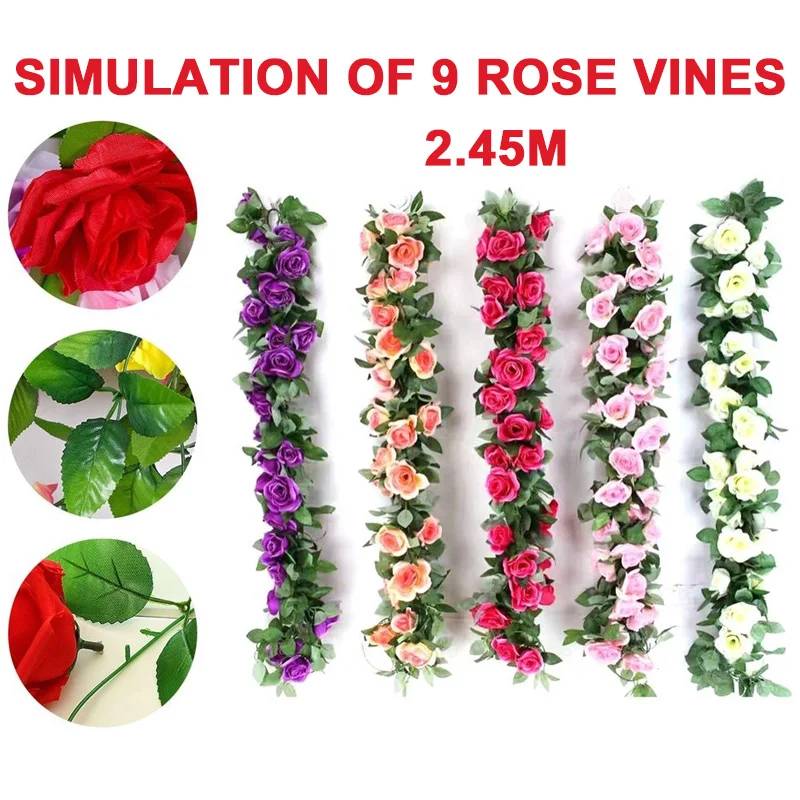 

9 Heads Rose 2.45M Home Decor Artificial Rose Flowers Fashion Fake Plant Simulation Rose Vines Emulation Photo Props