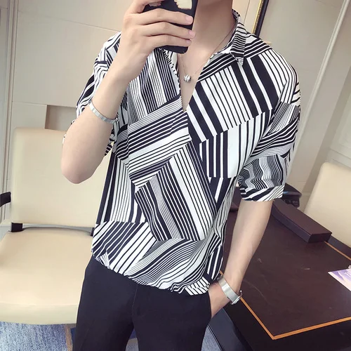 

LOLDEAL Summer Five-point Sleeve Shirt Diagonal Stripes V Leader Shirt Men's Casual Fashion Loose Shirt