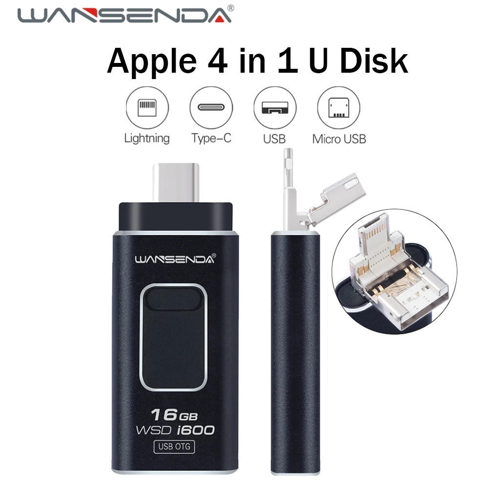 

Wansenda-i600 OTG USB Flash Drive Lightning for iPhone X 8 8 Plus Type-C Pen Drive USB 2.0 Pendrive for Android 4 in 1 USB Port