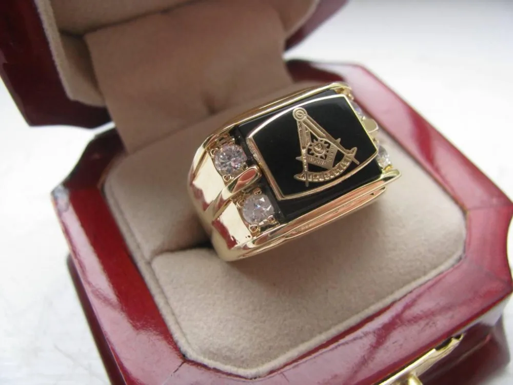 Hot Selling Natural Onyx 18kt Gold Filled Masonic Memorial religious Party ring Size 7 8 9 10 11 12 13 14 15