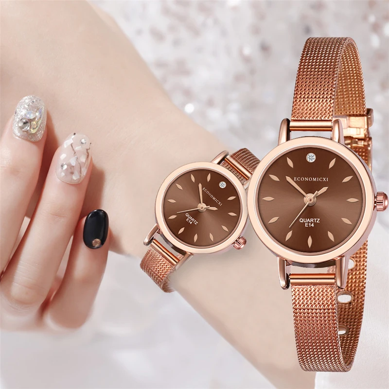 

Retro Casual Women Watch Simple Pattern Exquisite Rose Quartz Classic Luxury Gold Mesh Strap WristWatch Relogio Feminino