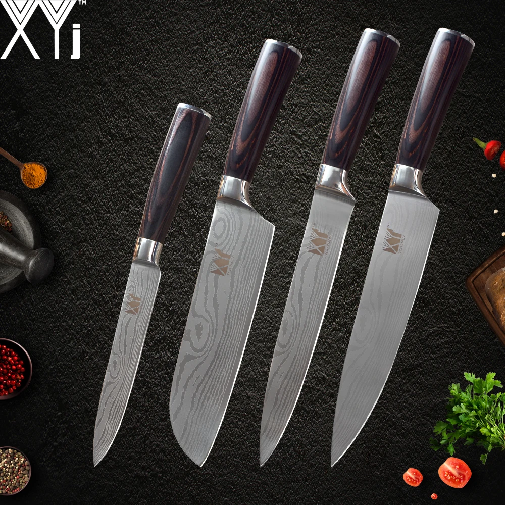 

XYj Damascus Pattern Stainless Steel Kitchen Cooking Knife Set Accessories Tools Chef Slicing Santoku Utility Knife 4 Pcs Set