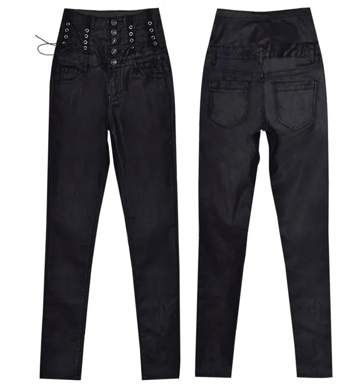 Europe and the United States women's ultra-high waist 5 grain buckle bilateral waist belt decorative coating imitation leather stretch denim feet pants PU (9)