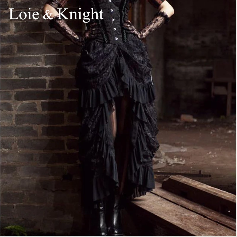

Women Victorian Bustle Inspired Steampunk Gothic Party Black Lace High Low Ruffle Hem Long Skirt
