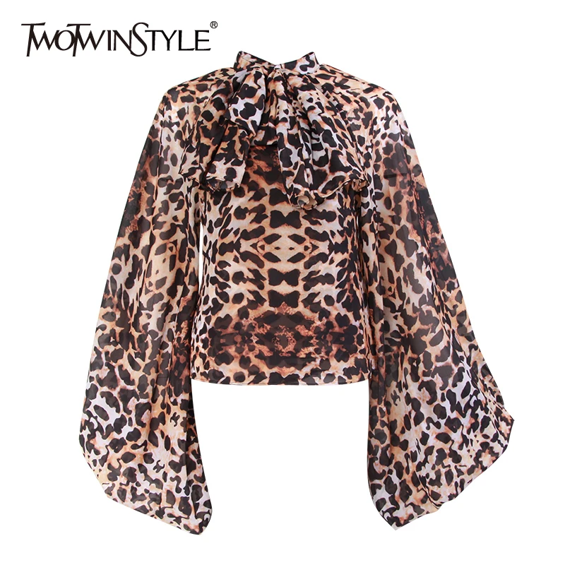 

TWOTWINSTYLE Spring Leopard Print Shirts For Women Perspective Bowknot Lantern Long Sleeve Tops Female 2019 Sexy Fashion New