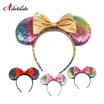 

New Arrival Rainbow Sequins Headband Headwear PU Bow Minnie Ears Hairband Kids Girl Women Headband DIY Hair Accessories