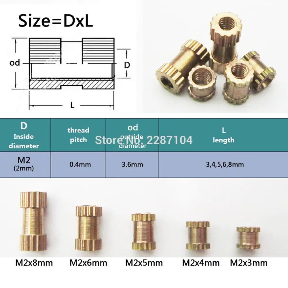 25X M2 твердая латунь чистый Медь метрической резьбой накатка вставить гайка Nutsert круглый Форма Колонка снаружи Диаметр OD 3,6 мм L = 3 4 5 6 8 м