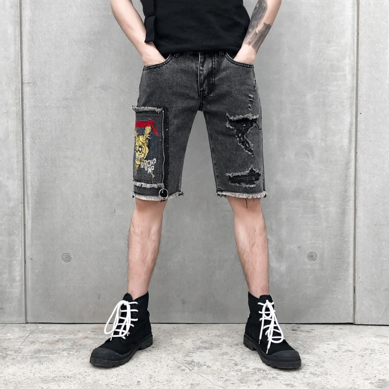 Ripped Destroyed Distressed Denim Shorts Embroidery skull Mens Hole Blue Male Hip Hop Fashion streetwear Clothing | Мужская одежда