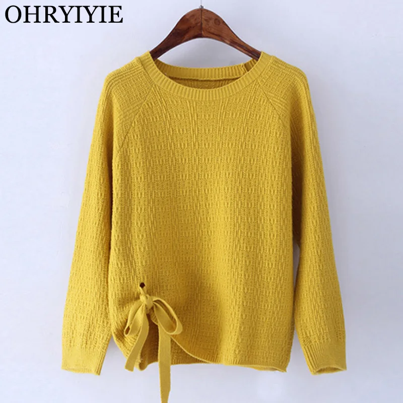 

OHRYIYIE 2019 Autumn Loose Lace up Sweater Women Winter O Neck Long Sleeve Knit Sweater Female Yellow Pullover Jumper Tops SW259
