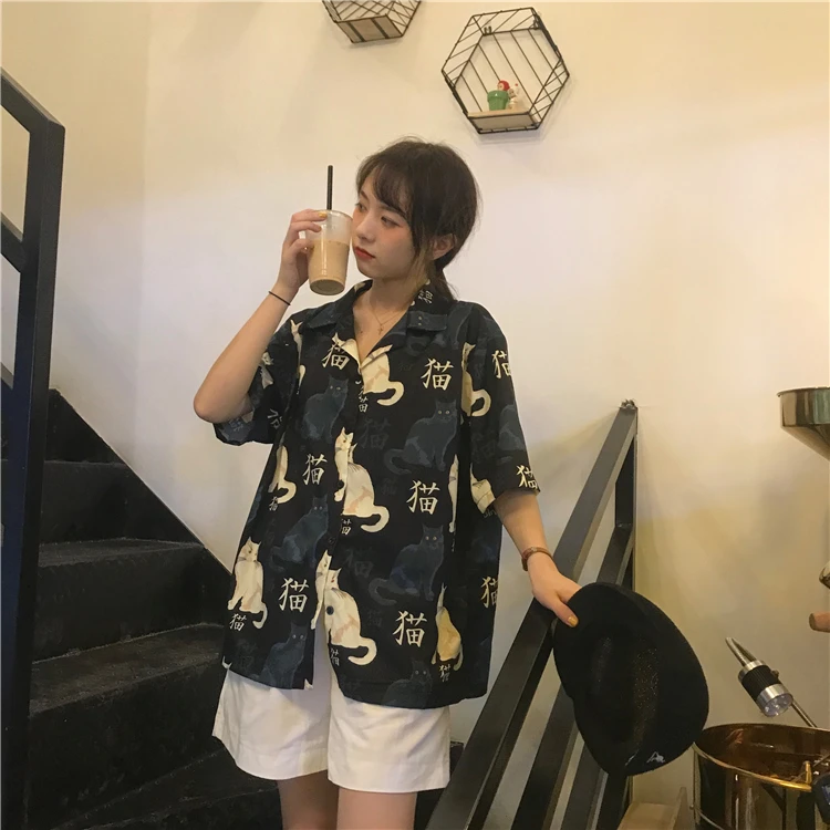 Повседневная Свободная рубашка с принтом кота женские рубашки Япония Kawaii Ulzzang