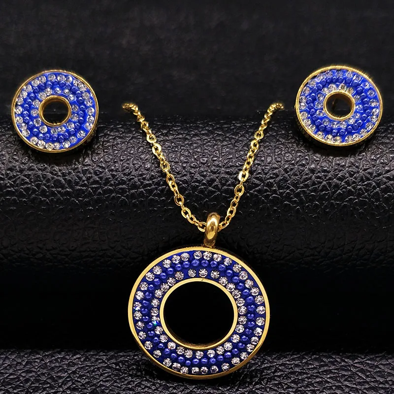 

2019 Round Imitation Blue Pearl Stainless Steel Jewelry Set Women Gold Color Set Of Earrings Necklace Jewelery set parureS178246