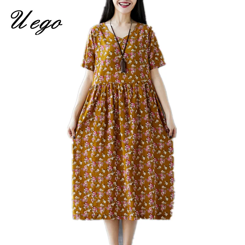 

Uego Soft Cotton Linen Loose Summer Dress Printing Floral Slim Women Casual Dress 2019 New Arrival Fashion Lady Vintage Dress