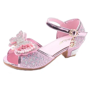 

Summer Children Sandals Kids Pu Leather Buckle Strap Princess Shoes For Girls Party Glitter Butterfly High Heel Sandals A334
