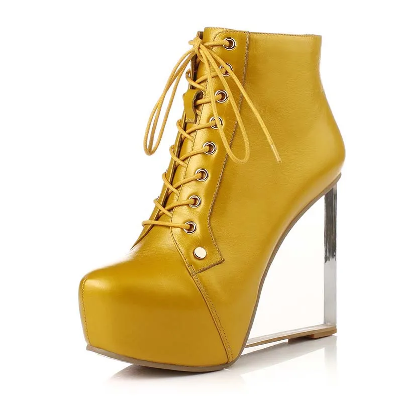 ENMAYLA/мотоциклетные ботинки прозрачные женские ботинки на танкетке новые ботильоны модные высокие сапоги на шнуровке с круглым носком популярные ботинки Martin - Цвет: Soft Leather Yellow