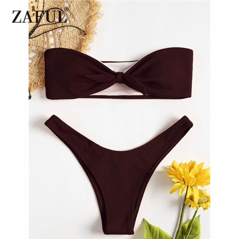  ZAFUl 2018 Textured Bikini Knot Swimwear High Leg Swimsuit Thong Bikini Set Sexy Strapless Padded B