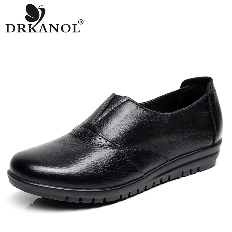 

DRKANOL 2019 Genuine Leather Women Shoes Round Toe Slip On Flat Loafers Women Flats Shoes Soft Bottom Mother Loafers Shoes