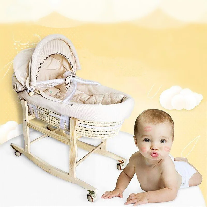 Portable Baby Basket Corn Woven Baby Crib Natural Colored Cotton