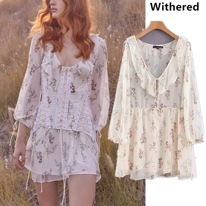 

Withered 2019 summer dress women vestidos ruffles print floral bow mini vestidos de fiesta party dress 2 pieces set