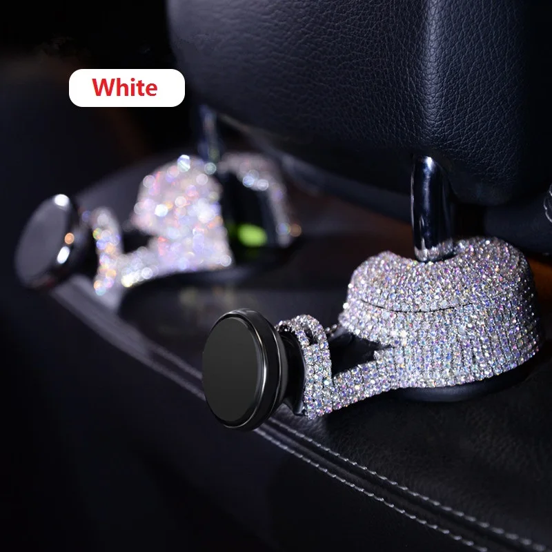 2 шт. автомобильный крючок на спинку сиденья подголовник подвесной органайзер двойного назначения магнитный держатель для мобильного телефона с Блестящий глиттер кристаллы - Цвет: White