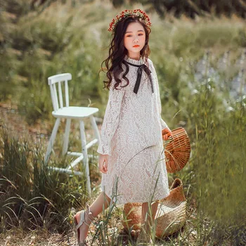 

Girls Dress Children Lace Party Dresses Kids Clothes Autumn Spring Bow Beige Teenager Knee-length Clothing For Age 6 10 12 14 Y