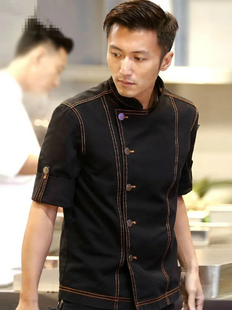 Men Denim Cotton Short&full Sleeve Chef Tops Uniform with Apron Set Oil Proof Food Service Kitchen Restaurant Cook Work Wear