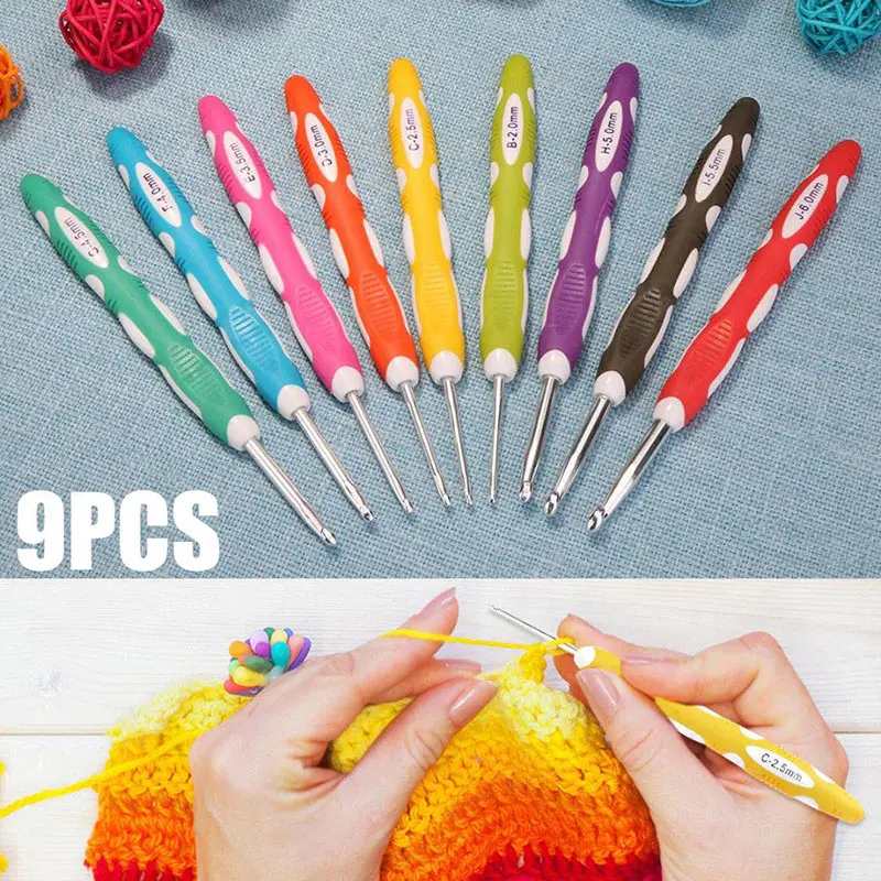 9Pcs/Set Multi Colour Crochet Hooks Yarn Knitting Needles Set Kit Tools