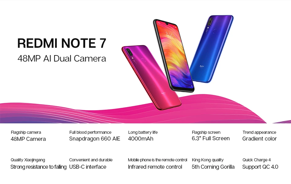 Xiaomi Note Redmi 7 4 Гб 64 жесткий ГБ 48MP Dual Camara 13MP 6," экран капля батареи 4000 мАч