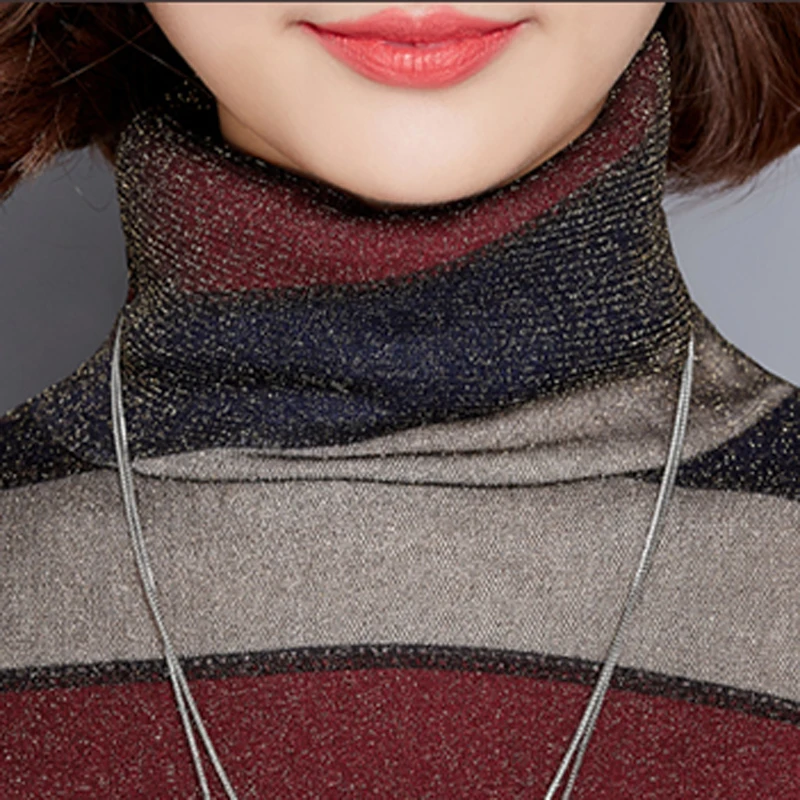  Autumn Winter Lady Fashion T-Shirts Plus Size M-5XL Turtleneck Style Striped Printed Tops Women War