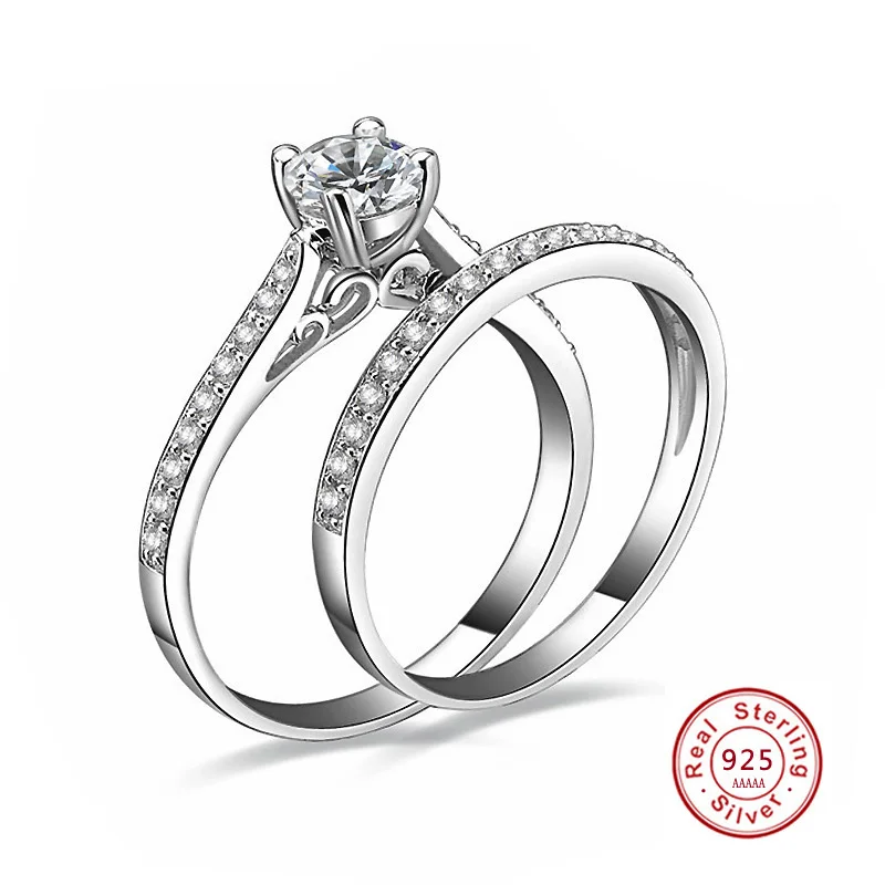 

Simple 925 Sterling Silver Color Luxury 2 Rounds Bijoux Wedding Lovers Rings Set Cubic Zirconia Jewelry For Women As Gift