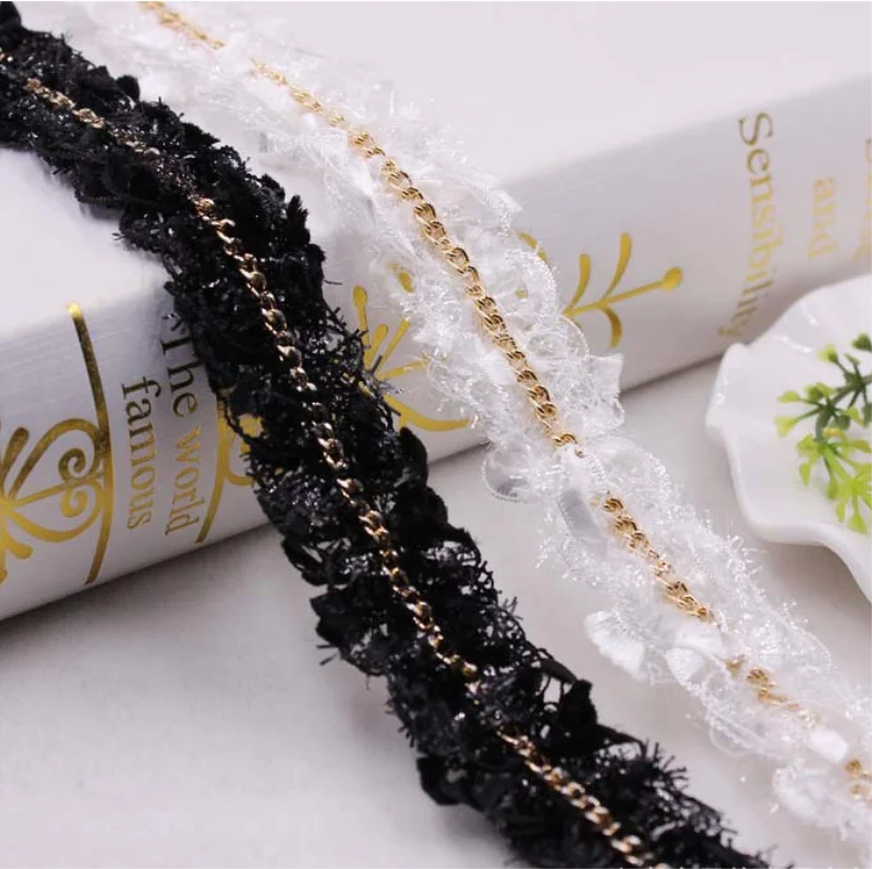 

Black Trim Collar Crocheted Polyester Lace Fabric White Ribbon Apparel Sewing Fabric DIY Chain Handmade Wedding Dress Decor 10Y