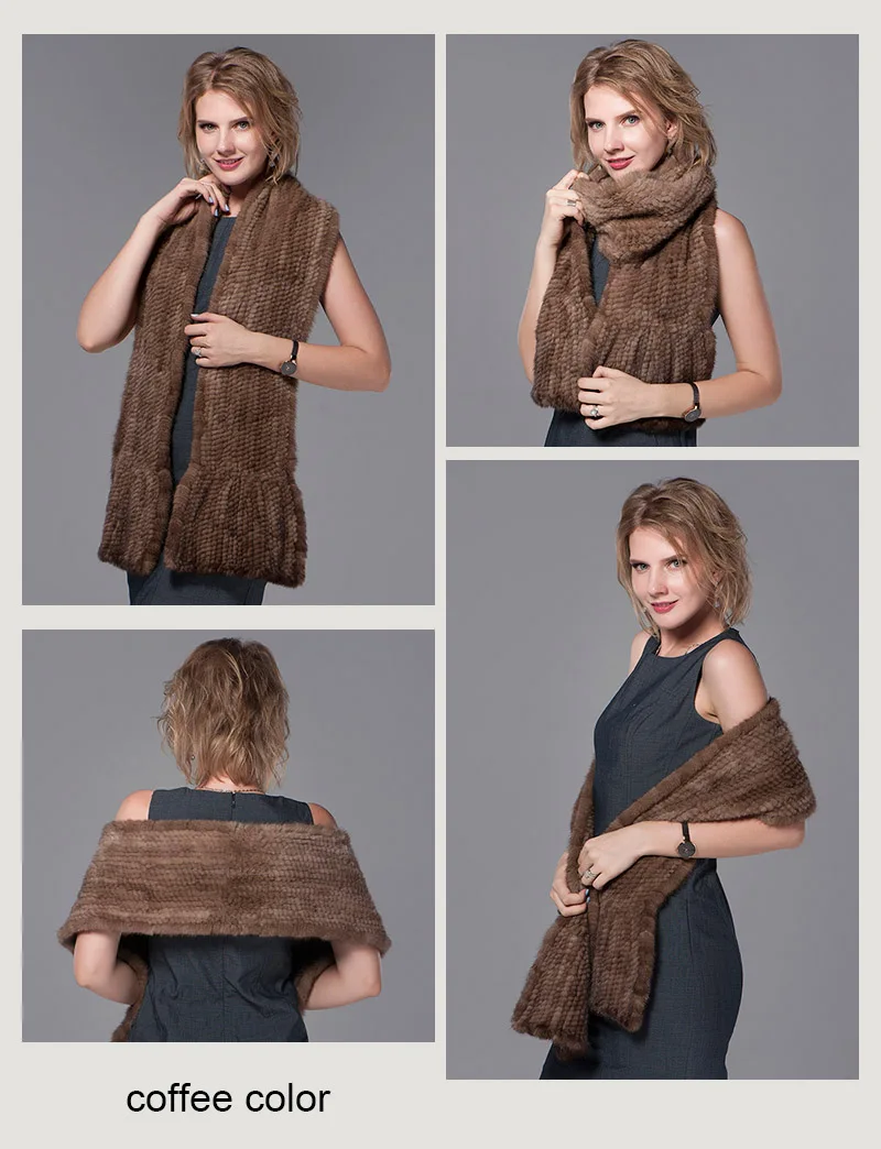 Ms.MinShu Natural Mink Fur Scarf Hand Knitted Long Mink Fur Scarf Woman Winter Scarf Wrap Genuine Mink Fur Shawl Female