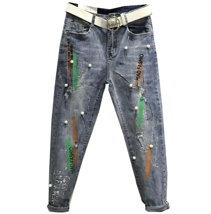 

2019 summer new beaded jeans women diamond fashion hole ankle length harem pants plus size 26-31!