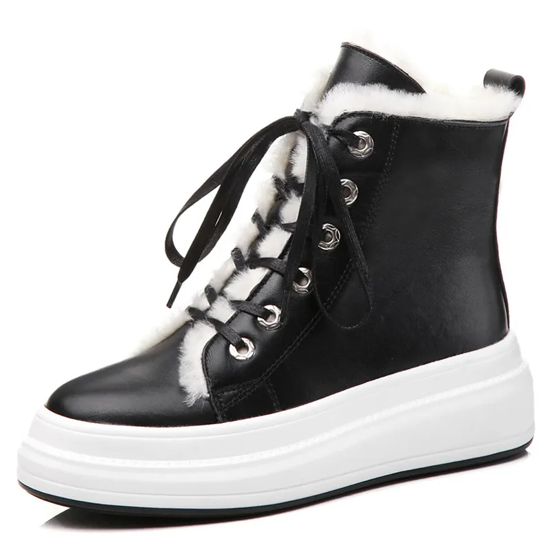 FEDONAS/Новые модные теплые зимние женские ботильоны на платформе; классические короткие ботинки на шнуровке; ботинки в байкерском стиле из натуральной кожи - Цвет: Черный