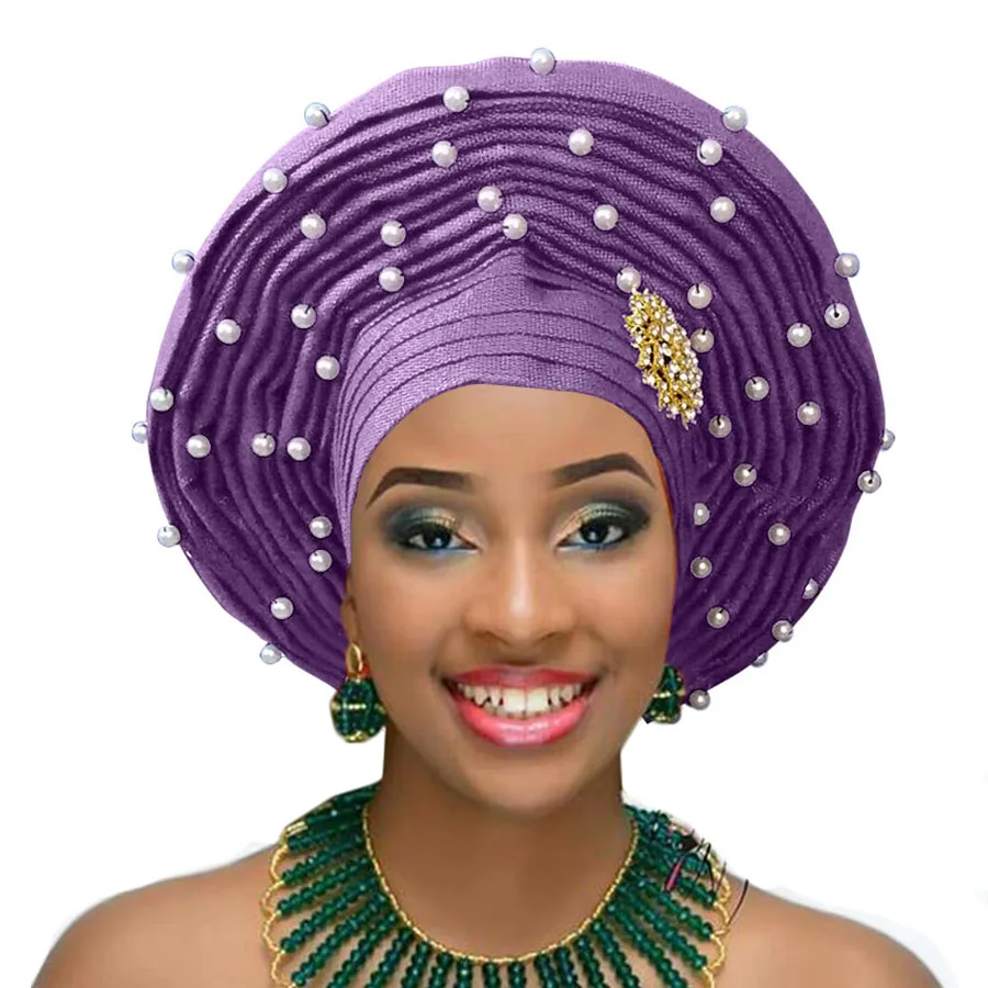 lilac Aso oke gele nigerian woman headtie with white beads african woman auto gele for wedding headwear 2018