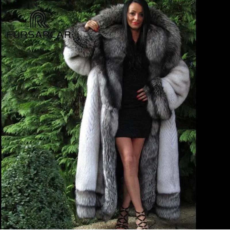 FURSARCAR 2018 New Real Fur Coats Women 120 CM Long Winter Fox Fur Jacket Luxury Fox Fur Coat With Big Silver Fox Fur Collar FURSARCAR 2018 New Real Fur Coats Women 120 CM Long Winter Fox Fur Jacket Luxury Fox Fur Coat With Big Silver Fox Fur Collar