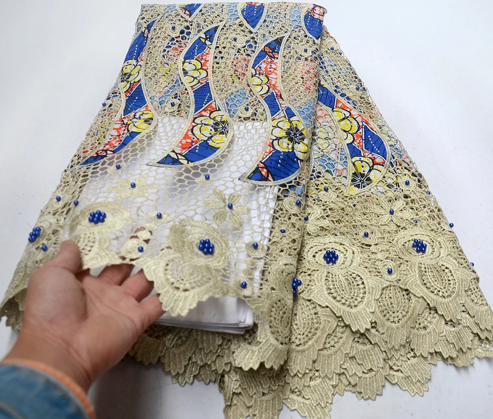

New Water soluble Lace Fabric African Wax Lace With Beads High Quality Guipure Wax Lace Fabric For Nigerian Party dress 5yards