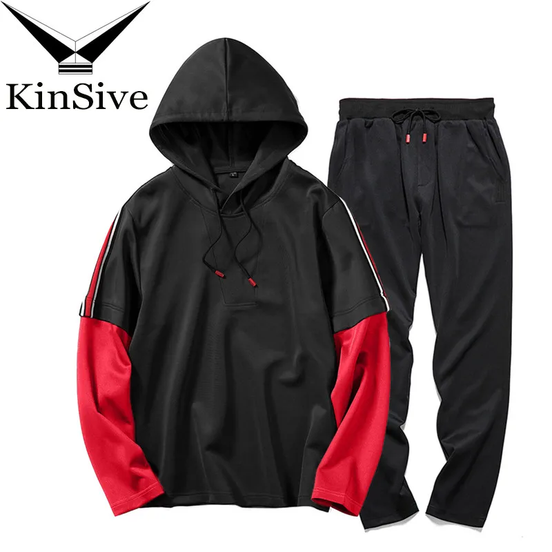 

2019 Newest Mens Track Suit 2 Piece Set Hooded Sweatshirt And Joggers Pants Patchwork Pullover Hoodies Tracksuit US Size S-2XL