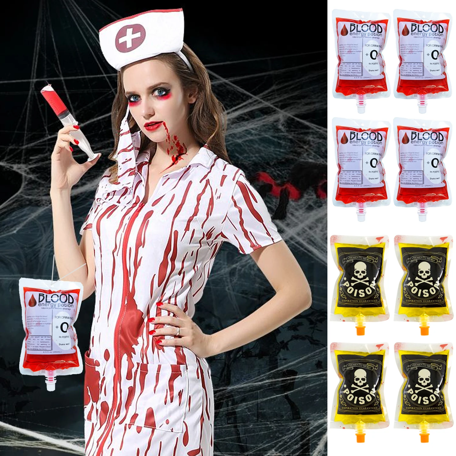 

Behogar 10PCS 250ml Plastic Drink Beverage Blood Bags Container for Theme Parties Halloween Vampire Decoration Supplies Props