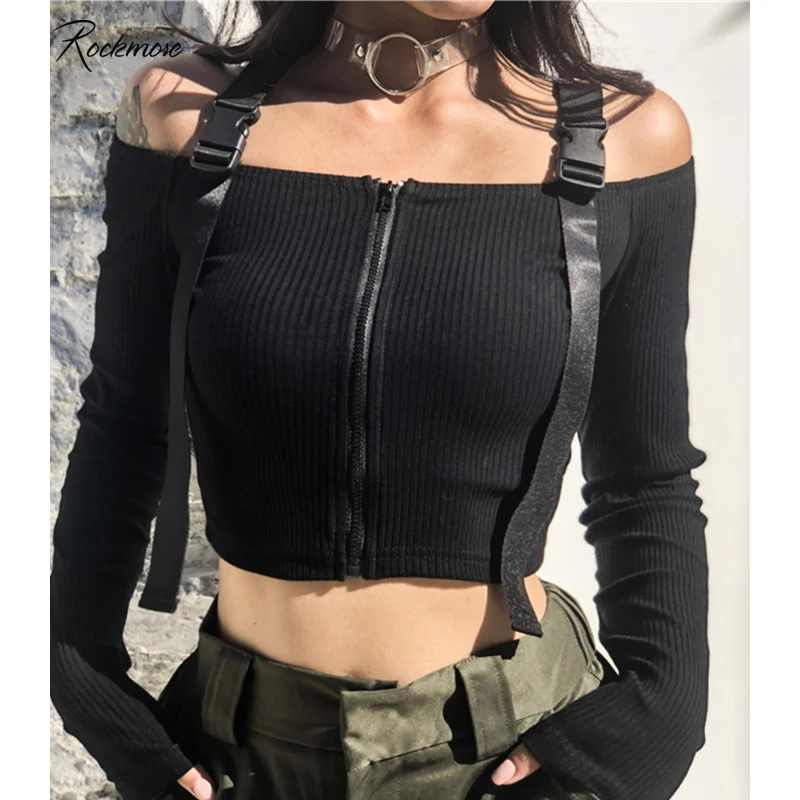 

Rockmore Gothic Ribbed Knitted Long Sleeve T-Shirt Women Bodycon Buckle Strappy Zipper Streetwear Femme T Shirts Top Tees Autumn