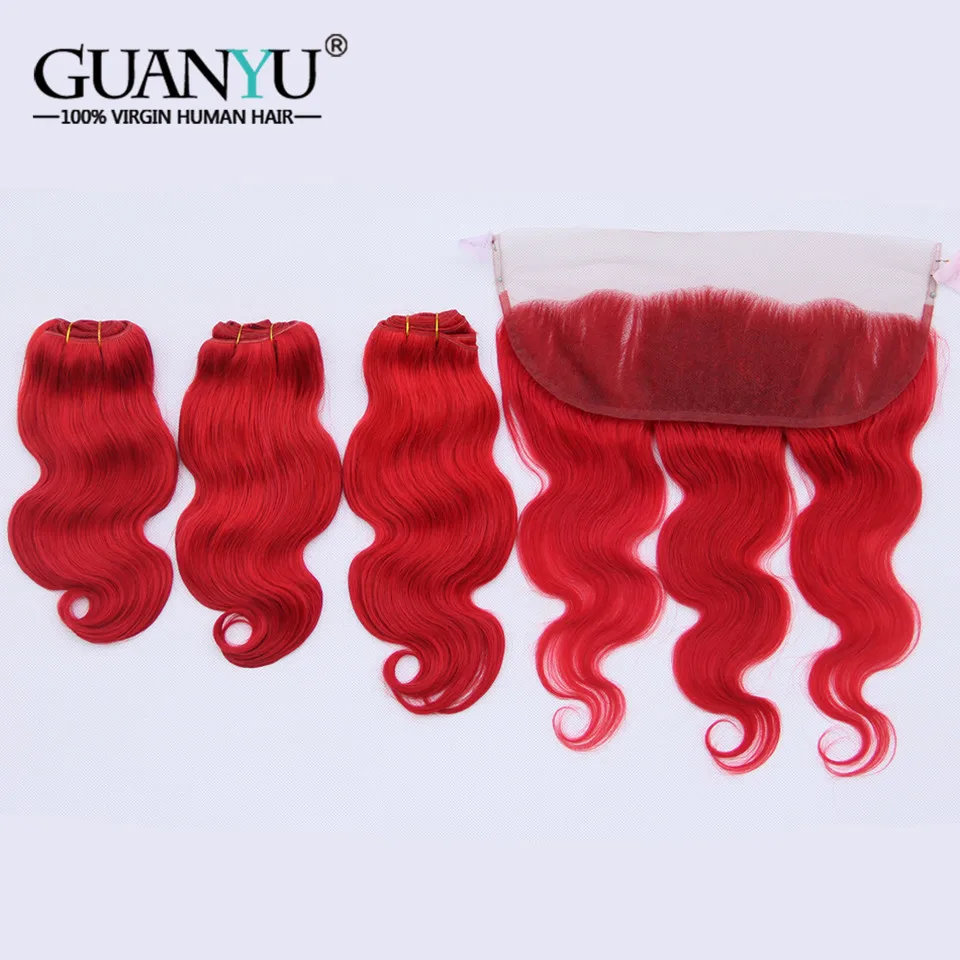 Guanyuhair темно-красный Волосы remy 3 Связки с 13x4 кружева Фронтальная застежка уха до уха Бразильский объемная волна натуральные волосы ткань